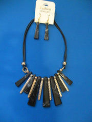 Black Cord Black Gold Long Flat Beads Necklace Earrings Set (NE467)