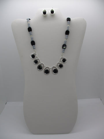Silver Black Gray Glass Beads Tear Drop Pendant Necklace Earrings Set (NE476)