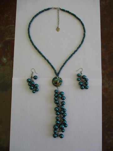Silver Dark Turquoise Glass Beads Pearls Star Fish Pendant Neck Tie Necklace Earring Set (NE497)