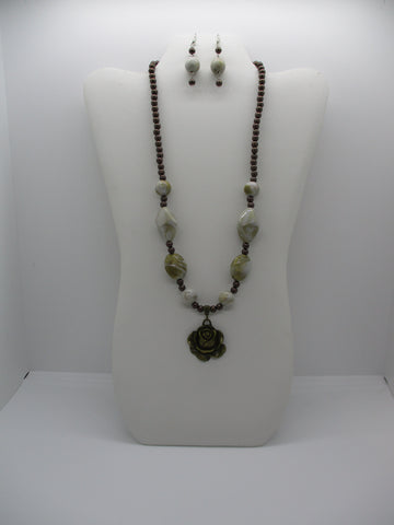 Brown Pearls Swirl Acrylic Beads Bronze Rose Pendant Necklace Earring Set (NE480)