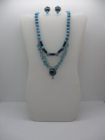 Silver Blue Black Beads Double Layer Black Metal Pendant Necklace Earring Set (NE483)