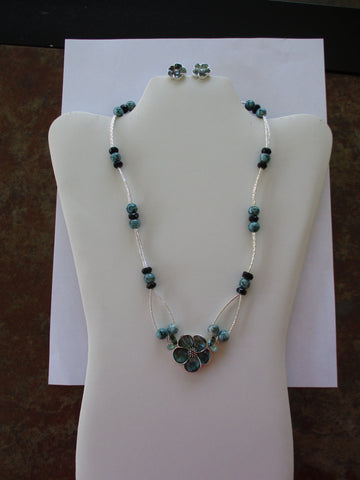 Silver Black Swirl Greenish Blue Glass Beads Flower Pendant Necklace Earring Set (NE488)