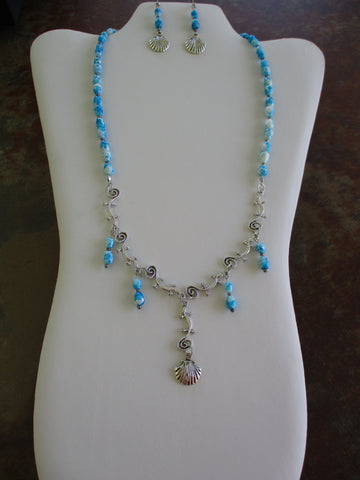 Silver Blue White Swirl Glass Beads Silver Lizards Shells Necklace Earring Set (NE501)