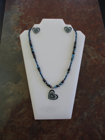 Blue Black Glass Beads Acrylic Heart Pendant Necklace Earrings Set (NE515)