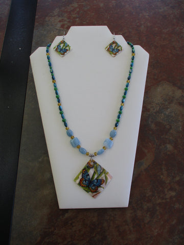 Blue Green Gold Glass Beads Butterflies Painted On Shell Pendant Necklace Earring Set (NE516)