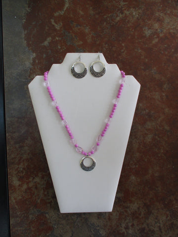 Pink Glass Beads Silver Round Pendant Necklace Earrings Set (NE524)