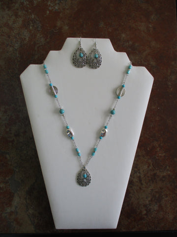 Silver Chain Turquoise Glass Beads Silver Beads Tear Drop Pendant Necklace Earring Set (NE526)