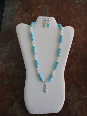 Marbled Blue White Glass Beads White Clear Beads Pendant Necklace Earring Set (NE530)