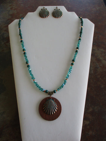 Teal Glass Beads Bronze Teal Shell Pendant Necklace Earrings Set (NE531)