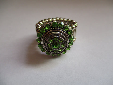 Silver Green Bling Snap Button Stretch Ring (R15)