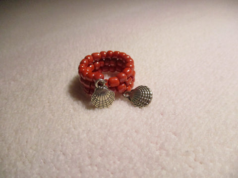 Memory Wire Coral Glass Seed Beads Silver Shells Ring (R22)
