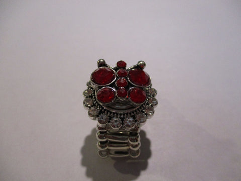 Silver Diamond Bling Red Butterfly Snap Button Stretch Ring (R28)