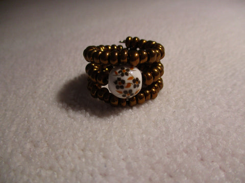 Memory Wire Bronze Glass Seed Beads Brown Flower Glass Bead Ring (R39)